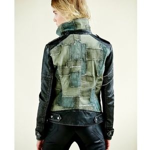 Free People Patchwork Vegan Moto Jacket Green | Size 4